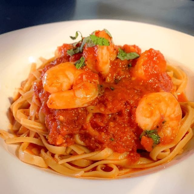 Seafood Over Pasta.